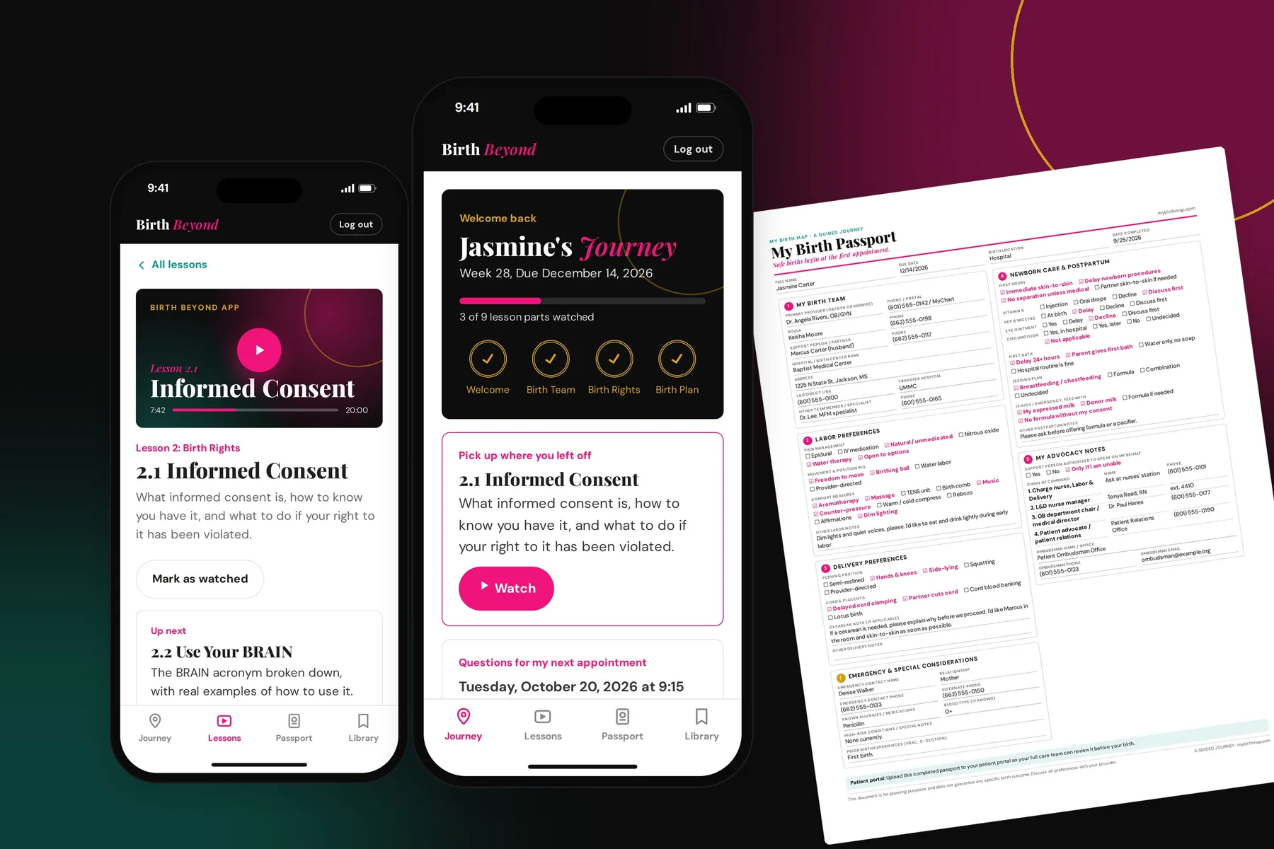 The Birth Beyond App on two phones next to a completed Birth Passport