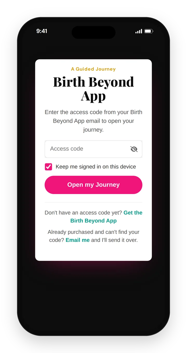 Access code sign-in screen for the Birth Beyond App